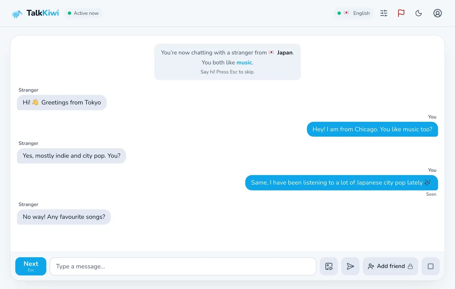 Random text chat with a stranger on TalkKiwi, matched on a shared interest in music